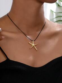 1pc Simple And Exquisite Starfish Pendant Necklace, Black Leather Rope Sexy Chain Suitable For Women's Daily Wear, Beach Jewelry Gift