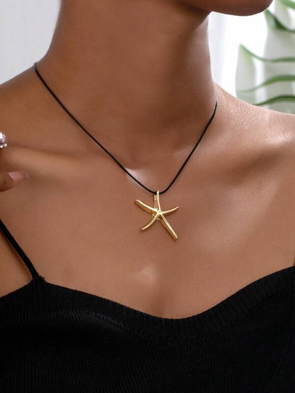 1pc Simple And Exquisite Starfish Pendant Necklace, Black Leather Rope Sexy Chain Suitable For Women's Daily Wear, Beach Jewelry Gift