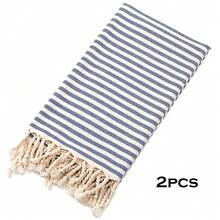 YEUZLI 1件條紋土耳其海مام沙灘巾 Fouta 快乾 XXL 毛巾 100x180cm/39*71inch 適用於水療中心、海灘、泳池、健身房和浴室 - 寶藍色 - 查看 10