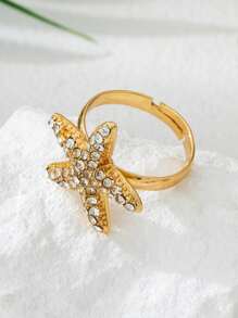 4pcs Fashion Classic Casual Crystal Pearl Starfish Adjustable Ring Set, Gift For Wife Friends, Can Be Worn For Beach, Party, Commute