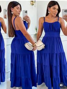 Long Dress With Adjustable Straps, Padded Cups And Lining And Elastic At The Back CREPE DUNNA FABRIC Simple Elegant Casual Party Button Ruched Pleated Bust - Xanh đậm - Xem 2