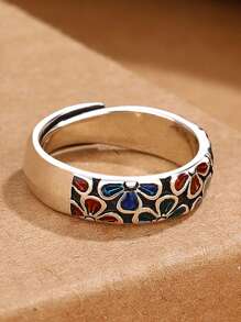 1pc Vintage Stylish Floral Enamel Ring, Creative Design, Fashionable, Adjustable, Suitable For Women Everyday Wear And Evening Party, Epoxy Craftmanship