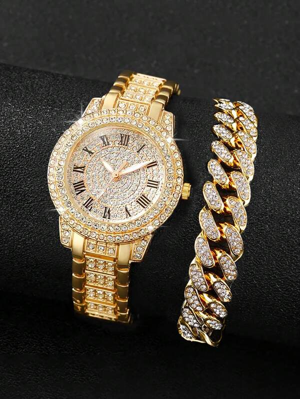 2pcs Gold Tone Alloy Roman Rhinestone Quartz Watch & Cuban Link Chain Bracelet Set, Fashion Party Birthday Gift Wristwatch