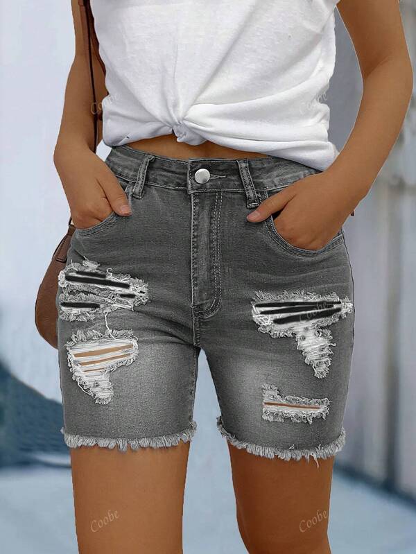 Fashionable Sexy Women Ripped Fringed Denim Shorts, Summer
