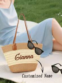 1pc Customized Large Straw Tote, Straw Bag,Beach Bag,Crochet,Women's Wedding Clutch,Summer Bag,Handmade Personalized Gift, Wedding Bachelorette Party Bridal Shower Engagement Beach Vacation Shoulder Bag