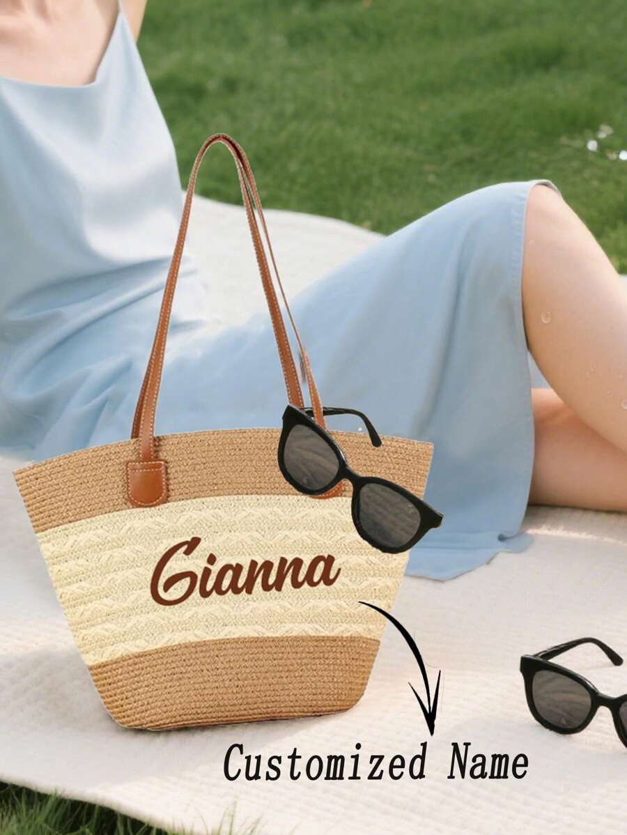 1pc Customized Large Straw Tote, Straw Bag,Beach Bag,Crochet,Women's Wedding Clutch,Summer Bag,Handmade Personalized Gift, Wedding Bachelorette Party Bridal Shower Engagement Beach Vacation Shoulder Bag