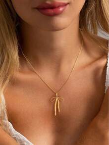 1 件金色蝴蝶结蝴蝶结吊坠锁骨链套装简约可爱时尚女孩百搭高端项链时尚简约蝴蝶结吊坠项链 - 金色 - 查看 6