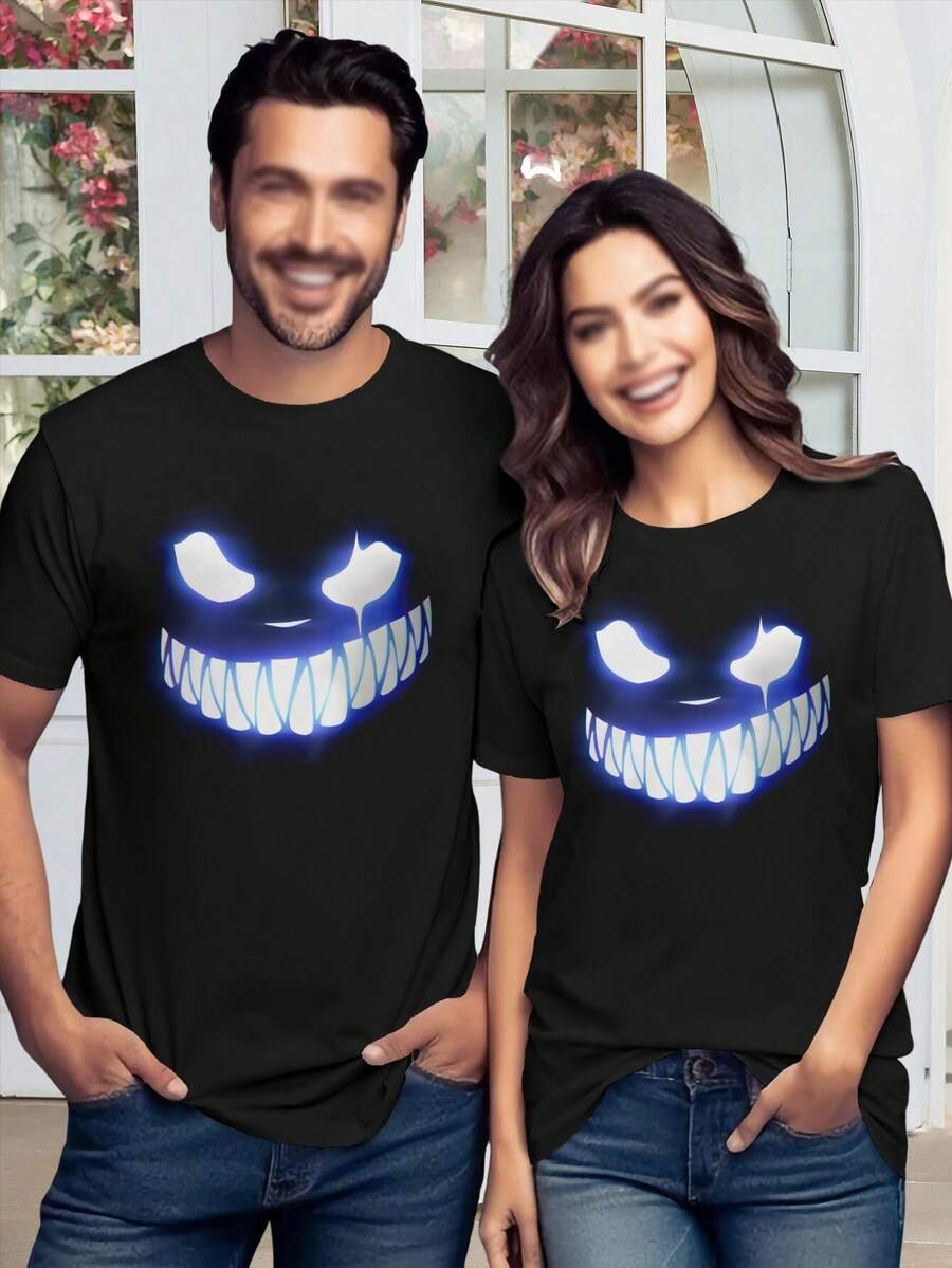 Camiseta de Halloween para hombre con sonrisa maligna brillante | Camiseta estilo gamer de fiesta espeluznante | Idea de regalo única - Negro - Ver 1