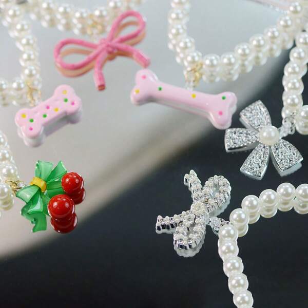 Hollow Bow Cute Bone Cherry Elastic Pearl Pet Necklace Collar Suitable For Small And Medium-Sized Animals Beautiful Decorative Accessory For Cats And Dogs
