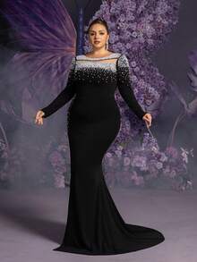 Faeriesty Bride Plus 婚纱新娘礼服 | 美人鱼轮廓，不对称高开衩，珍珠肩部装饰，喇叭裙摆覆盖，适合魔法花园仪式、新娘庆典和空灵的晚会 - 黑色 - 查看 7