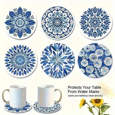 6pcs Blue & White Porcelain Mandala Flower Design Wooden Coasters - Heat-Resistant, Non-Slip, Anti-Scald, Suitable For Coffee Cups And Beverages, Great For Home, Office And Restaurant Use
