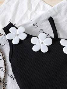 2pcs/Set Young Girl Elegant Floral Applique Camisole Top And Shorts Set, Summer - Black - View 5