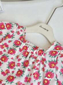 Conjunto de 2 peças de blusa e calça lanterna com estampa floral elegante e babados para meninas, adequado para atividades ao ar livre, fotografia, uso diário, piquenique, escola, primavera/verão