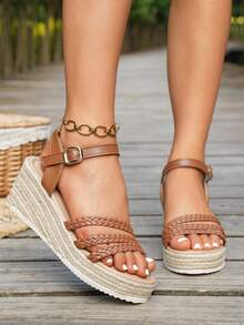 女士草编绳编织厚底凉鞋，时尚春夏厚底