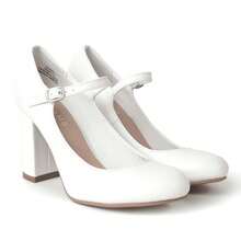 Women's White Wine Rose Gold Black Taupe Beige Grey Lipstick Natural Snake Mary Jane Pumps – Round Toe Ankle Strap Vintage Dress Heels [Size Up Half Size] - 白色 - 查看 7