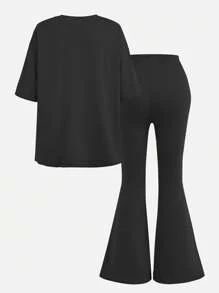 Conjunto de 2 piezas de pantalón acampanado con manga corta y estampado floral simple para adolescentes, conjunto de 2 piezas casual de verano para niñas