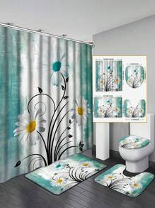[Floral Shower] Ensemble de rideaux de douche fleuris de style ferme, 1 pièce/4 pièces rideau de séparation de salle de bain avec 12 crochets, tapis de bain, tapis de toilette en forme de U, housse de siège de toilette, accessoires de salle de bain, décoration de salle de bain Back to School