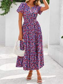 Women Summer Dress Casual Floral Short Sleeve V Neck Elastic High Waist Maxi Dress With Pockets Wedding Guest Boho Beach Holiday Hawaii Valentine Outfits - 紅藍色 - 查看 5
