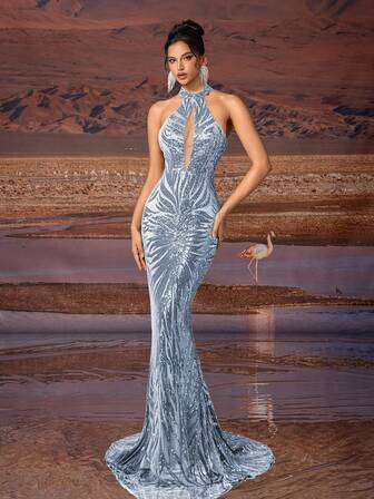 AOSHABABI Tops "Exclusive Customized Sequin" Hollow Design Fish Tail Hem Long Fitted Elegant Women Evening Gown (Heavy-Work Style), Suitable For All Formal Occasions, Music Festivals, Galas, Wedding Guests, Holiday Parties, Graduations, Cocktail Parties, Dates, Vacations, And Bridesmaid Dresses