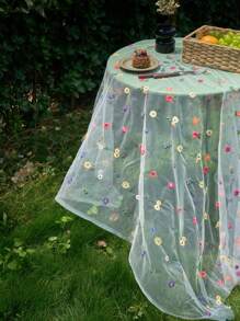 1 pieza Mantel con bordado de encaje y diseño floral colorido, estilo minimalista romántico francés para decoración del hogar y la cocina, adecuado para reuniones festivas, fiestas de cumpleaños, cenas de boda y como fondo fotográfico