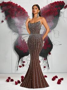 Elisanya Women Beaded Rhinestone Embellished Backless Spaghetti Strap High Waist Cocktail Party Dress - Brown - View 5