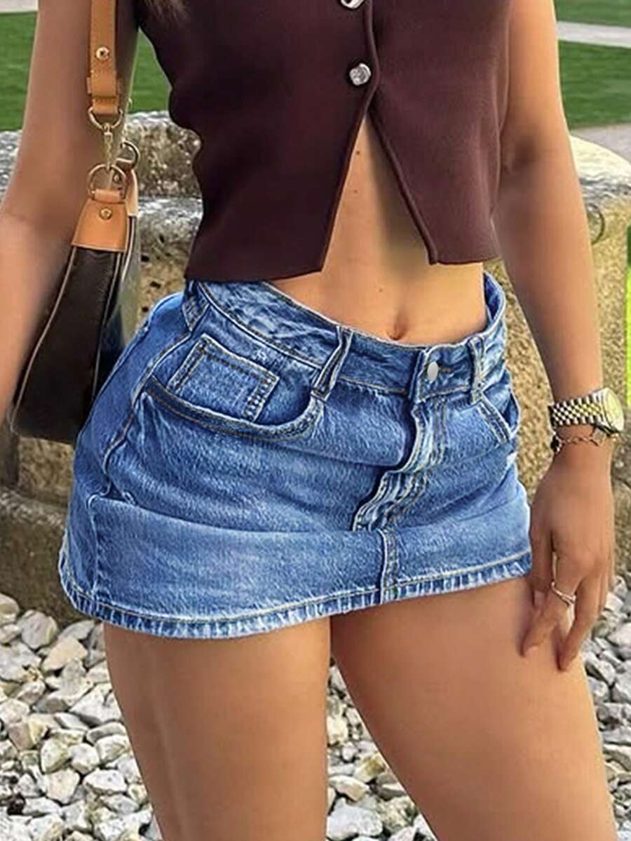 New Arrival Sweet & Spicy Y2K Denim Mini Skirt With Multiple Pockets - Medium Wash - View 1