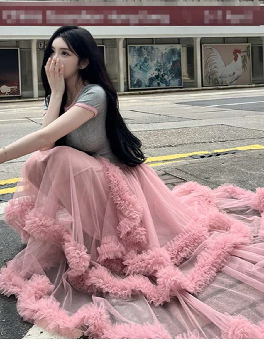 优雅网纱A字裙，甜美轻盈的灵感设计，2025春夏新款粉色 - 粉色 - 查看 1