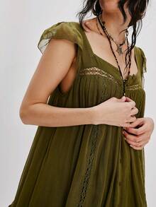 Women Lace Trim Mini Dress Ruffle Flowy Babydoll Dress Spaghetti Strap Loose Sundress Boho Going Out Dresses - 綠色 - 查看 5