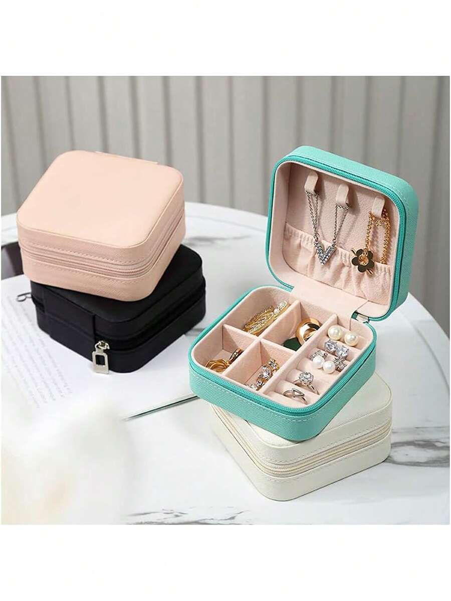 1pc Jewelry Travel Box With Mirror, Small Travel Jewelry Storage Box, Portable Jewelry Box, Travel Mini Storage Display Box, Suitable For Rings, Earrings And Necklaces For Women Storage Organizer Travel Essentials Back To School Dormitory Storage