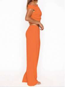 Pleated Design Slim Fit Flattering Oblique Shoulder Top - Burnt Orange - View 4