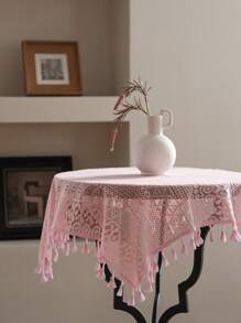 Tokoto 1pc Pink Hollow Out Table Cloth, Bohemian Modern Square Tablecloth, Suitable For Christmas Decor, Halloween Party, Decorating Small Tables, Bedside Tables, Sofas, Cabinets, All Seasons