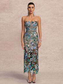 Vestido formal elegante de mujer con doble capa de bustier con cuentas, adecuado para invitados de boda
