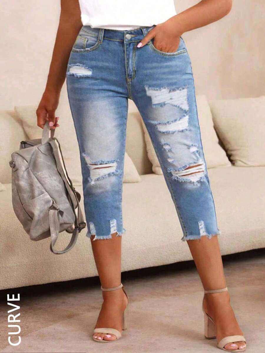 Plus Size Women Light Blue Washed Mid-Rise Skinny Ripped Frayed Hem Capri Length Jeans - Casual Slimming, Street Style, Versatile Fashion Bottom Summer