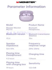 Monster Auriculares inalámbricos TWS Monster MQT53 con cancelación de ruido, auriculares deportivos con micrófono