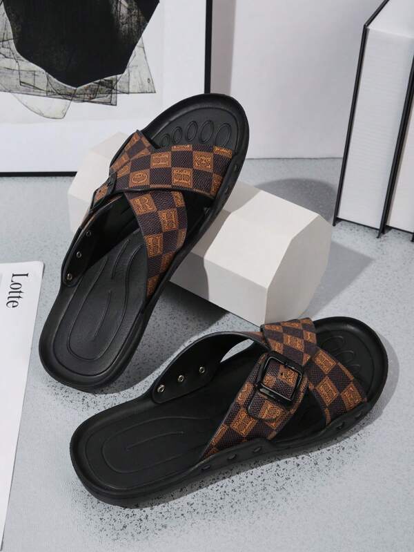 Men's Breathable Lightweight Non-Slip Durable Criss-Cross Dual-Color Buckle Strap Open Toe Flat Sandals, Fashion Versatile, Suitable For Daily Commute, Indoor/Outdoor, Casual, Beach, Party, PU Leather, All Season