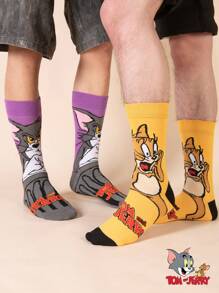 Warner Bros TOM & JERRY 2 Pairs Cute Cartoon Print Breathable Soft Mid-Calf Socks, Reinforced Heel And Toe For Durability, Unisex For All Seasons, Fall