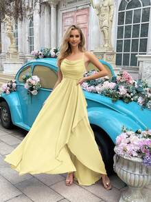 QOQ 优雅简约女士婚礼正式礼服，夏季伴娘礼服，适合婚礼、宾客、晚宴、正式活动、订婚派对、花园婚礼 - 纯色垂褶领不对称下摆挂脖伴娘长裙 - 淺黃色 - 查看 6