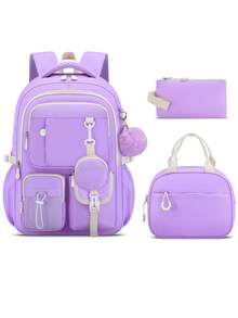 3件套心形图案女童背包套装，包含手提包和铅笔盒，轻便大容量书包，多口袋设计，可容纳15.6英寸笔记本电脑，紫色旅行背包，返校必备