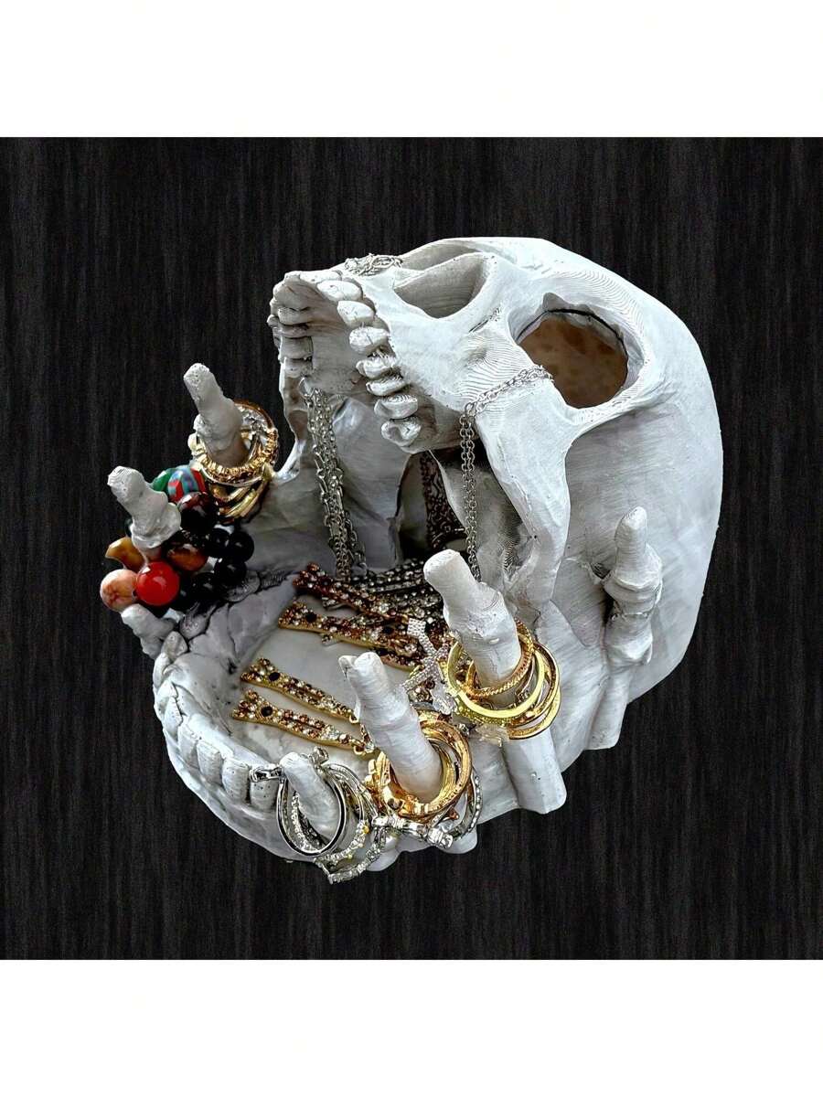 Gothic Skull Jewelry Display Stand - Resin Multi-Use Organizer With Storage Box For Rings, Earrings, Necklaces - Edgy Home Decor For Dark Aesthetic Lovers, Jewelry Towers For Women Storage Organizer Travel Essentials Back To School Dormitory Storage