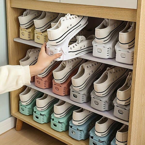 20 Stücke einstellbares Kunststoff Schuhregal - platzsparender Organizer für Eingangsbereich, Flur, Wohnzimmer - einfache Montage, verblassresistent, weiß mit blauen Akzenten, Schuhaufbewahrungslösung | Modernes Schuhregal | Strapazierfähiges Kunststoffregal, Schuhaufbewahrungsorganizer, Schuhaufbewahrungsorganizer, Schuhorganisationsregal