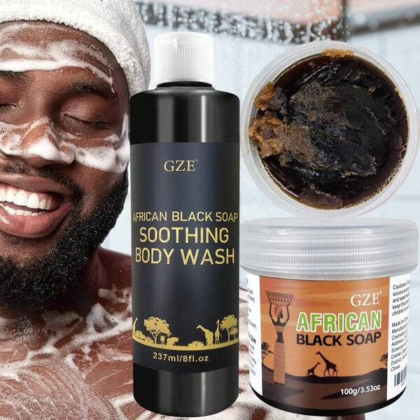 2 Pacotes Conjunto de Sabonete em Barra e Líquido Sabão Negro Africano GZE 3 em 1 para Rosto, Cabelo e Corpo - Limpa Profundamente e Hidrata a Pele e os Cabelos, Feito à Mão