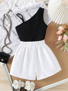 2pcs/Set Young Girl Elegant Floral Applique Camisole Top And Shorts Set, Summer - Black - View 2