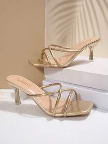 Plus Size Women Comfortable Simplistic Criss-Cross Open Toe Square Toe Slip-On Leather High Heel Sandals, Versatile Casual Stylish Summer Beach Shoes - Gold - View 6