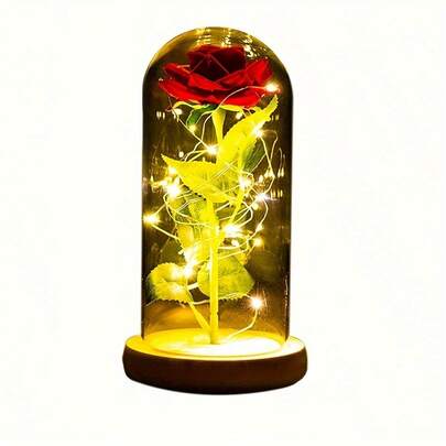 1 peça Luz de Rosa Eterna LED com folhas verdes, cúpula de vidro e base de madeira | Luz noturna romântica com fios de luz quentes, materiais duráveis, decoração ideal para Dia dos Namorados, Carnaval, quarto e lar