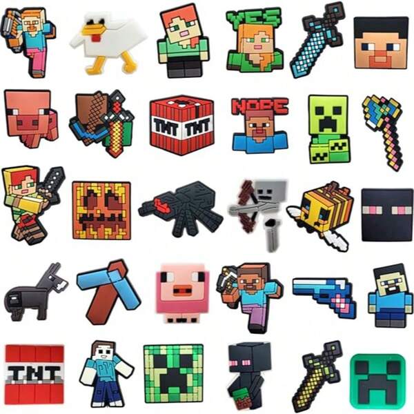 30 piezas de encantos de minería como decoración para zapatos, encantos de zapatos con diseño de píxeles para sandalias y zuecos, regalos y recuerdos para fiestas para niños, niñas y fans de videojuegos