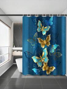 1/4 pièces Ensemble de rideaux de douche avec papillons dorés brillants - Fond bleu haut de gamme avec impression de papillons dorés, en tissu de polyester, imperméable et facile à nettoyer, 12 crochets, tapis antidérapant, tapis de sol en U, housse de siège de toilette - idéal pour le dortoir, la décoration de salle de bain de la maison, toutes les saisons