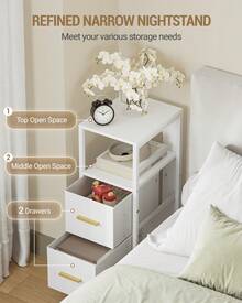 HEXCELEN Bedside Table With Open Compartment, Narrow Bedside Table With 2 Fabric Drawers, Modern, For Bedroom, Living Room, 30 X 24 X 60 Cm, White - trắng - Xem 4