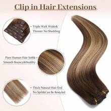 4/27 Highlight Clip In Hair Extensions Human Hair 8 Pcs Per Set With 18 Clips Double Weft Natural Black Remy Human Hair Extensions Clip Ins For Women Human Hair Clip In Brazilian Human Hair Extensions - S4/27 - View 5