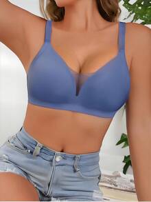 Conjunto de lencería para mujer con patchwork de encaje, sujetador sin aros de unicolor no caído, color azul claro refrescante - Azul - Ver 3