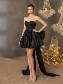 Balloon-Hem Evening Gown With Dramatic Waist Bow Detail – Elegant Formal Bridal Shower Dress For Red Carpet Galas, Black-Tie Wedding Receptions, Luxury Charity Balls, Bride
